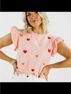THML Hearts Top in pink with embroidered hearts and ruffle sleeves NWT large